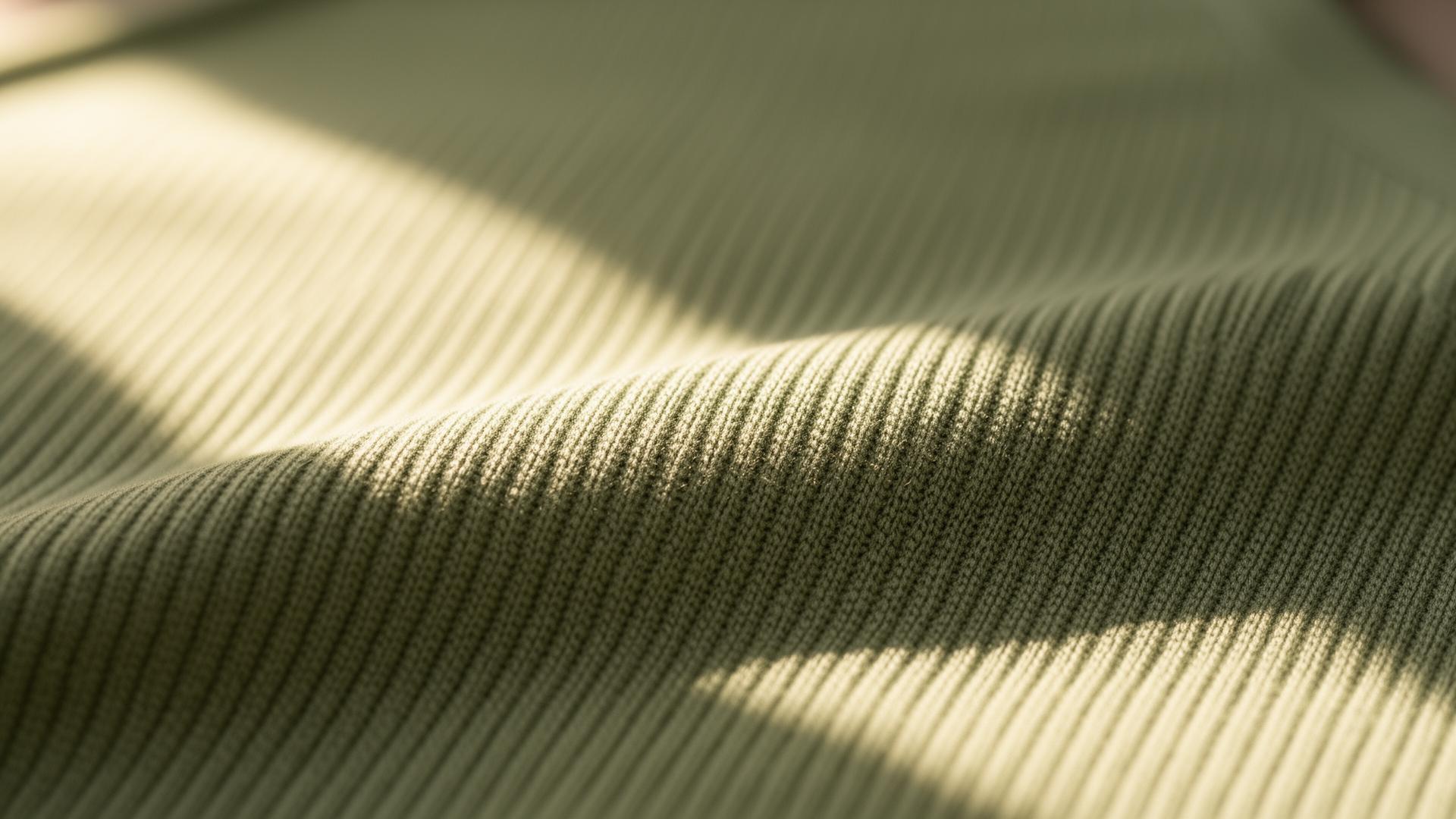 Macro of cream and sage second-skin ribbed knit
